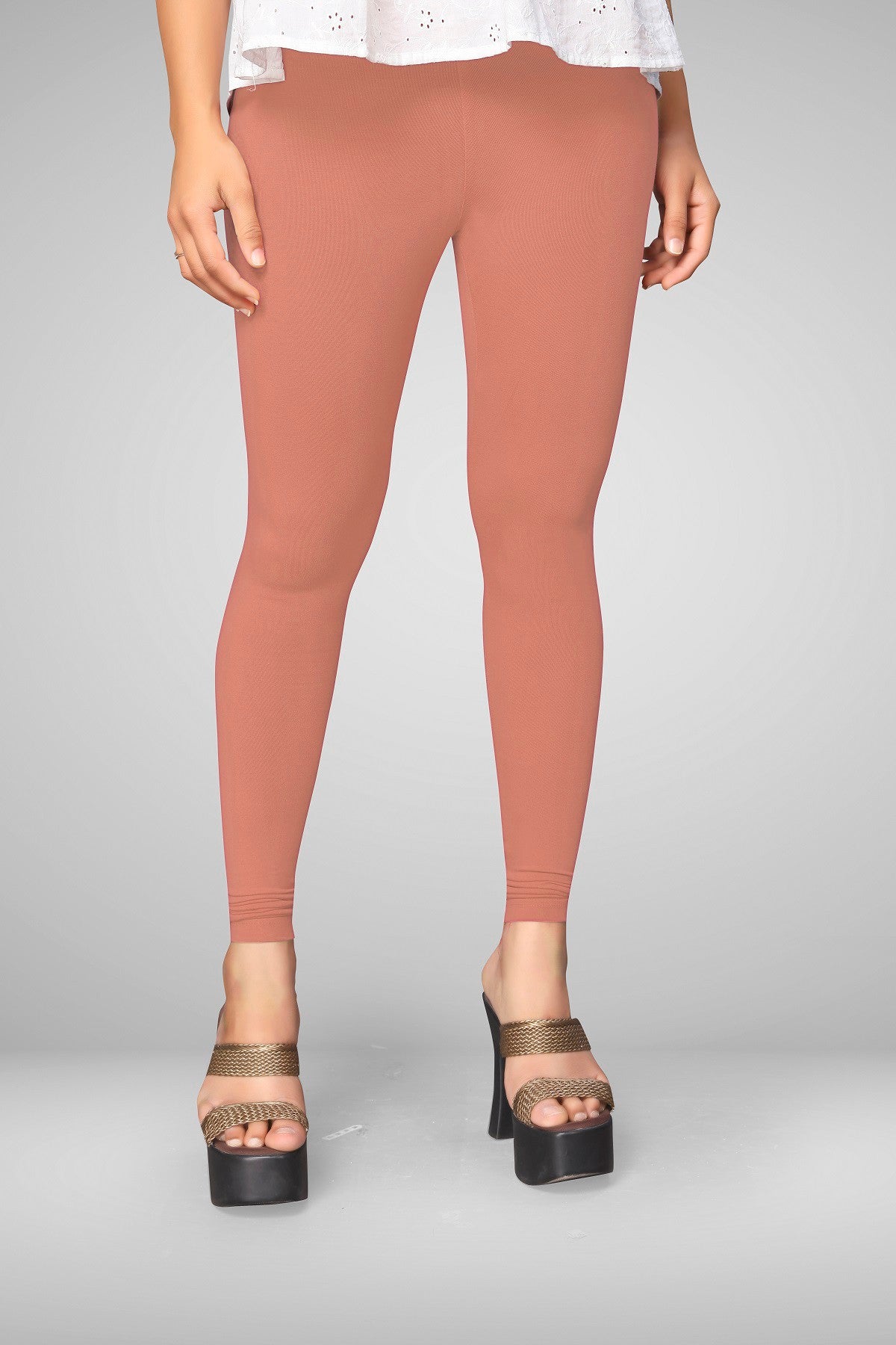 Peach Salmon   Cotton Lycra Ankle Length Leggings for women & girls