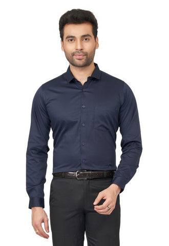 Stylist Men Slim Fit Cotton Satin Office wear Navy Blue Shirt