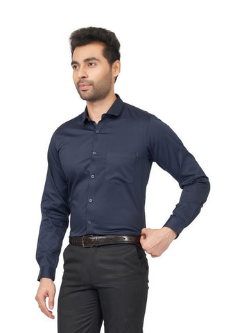 Stylist Men Slim Fit Cotton Satin Office wear Navy Blue Shirt