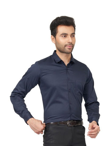 Stylist Men Slim Fit Cotton Satin Office wear Navy Blue Shirt