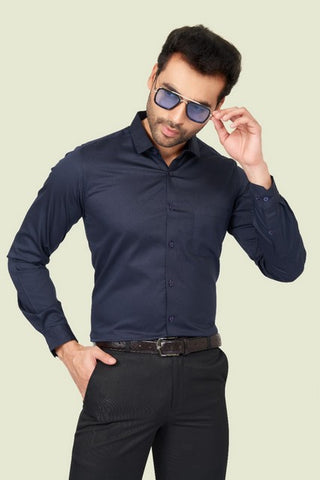 Stylist Men Slim Fit Cotton Satin Office wear Navy Blue Shirt